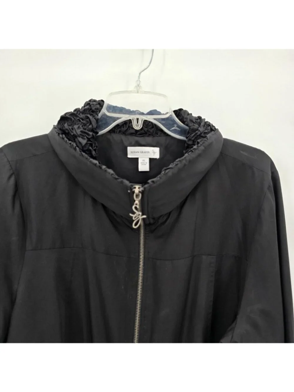 Susan Graver Jacket Womens XL Black Ruched Collar Zip Lightweight Travel Chic